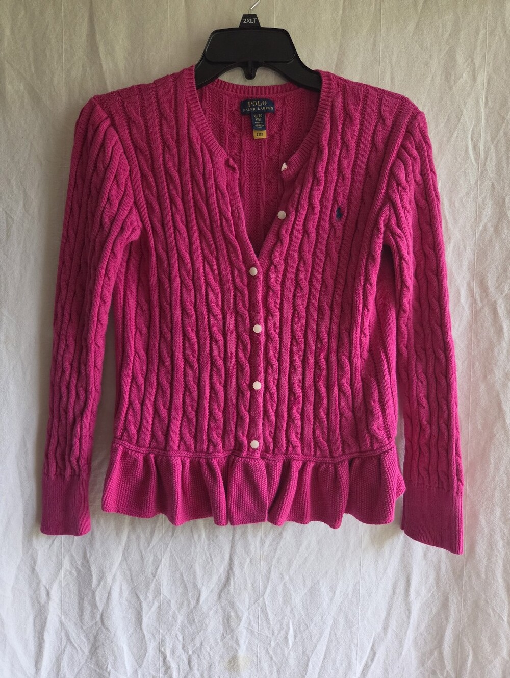 Girls Polo Ralph Lauren Sz XL 16 Cotton Cable Knit Cardigan Fuschia Pink Ruffle